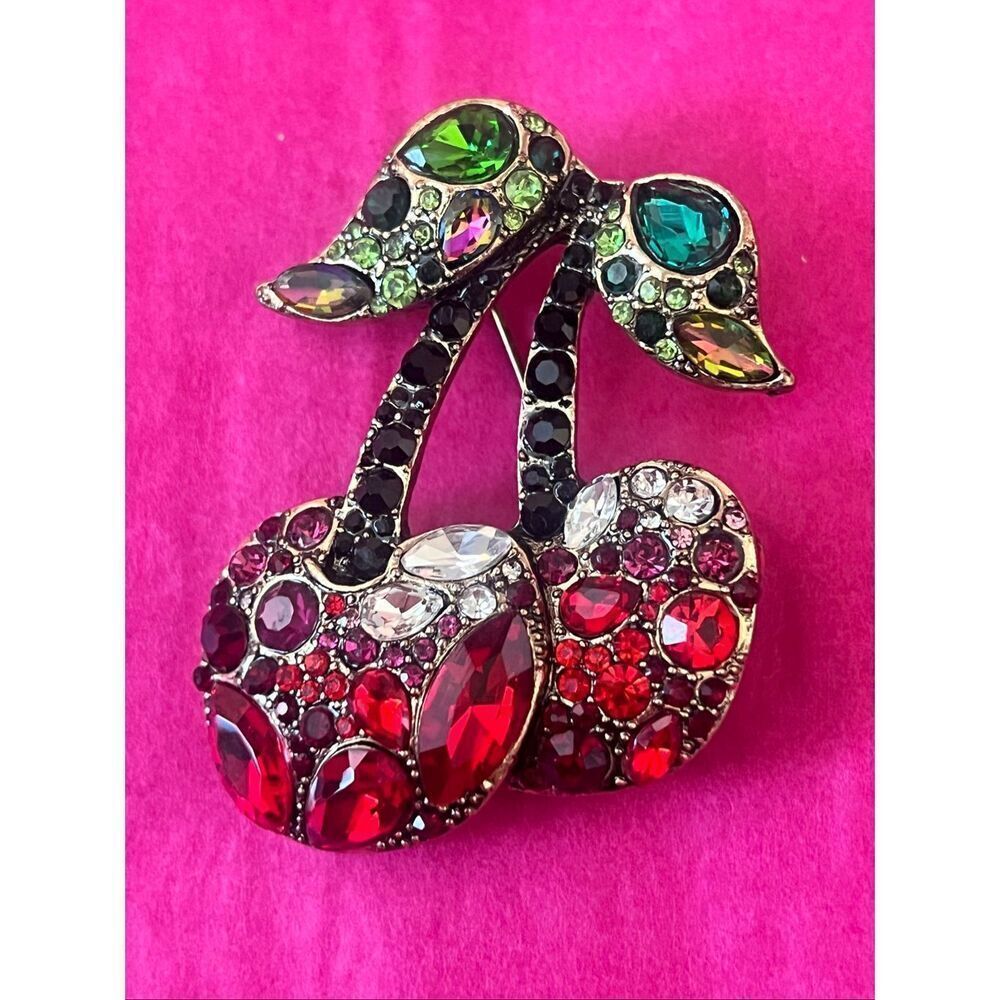 Elegant Pave Rhinestone Stemmed Cherries Brooch Pin Multicolor OS